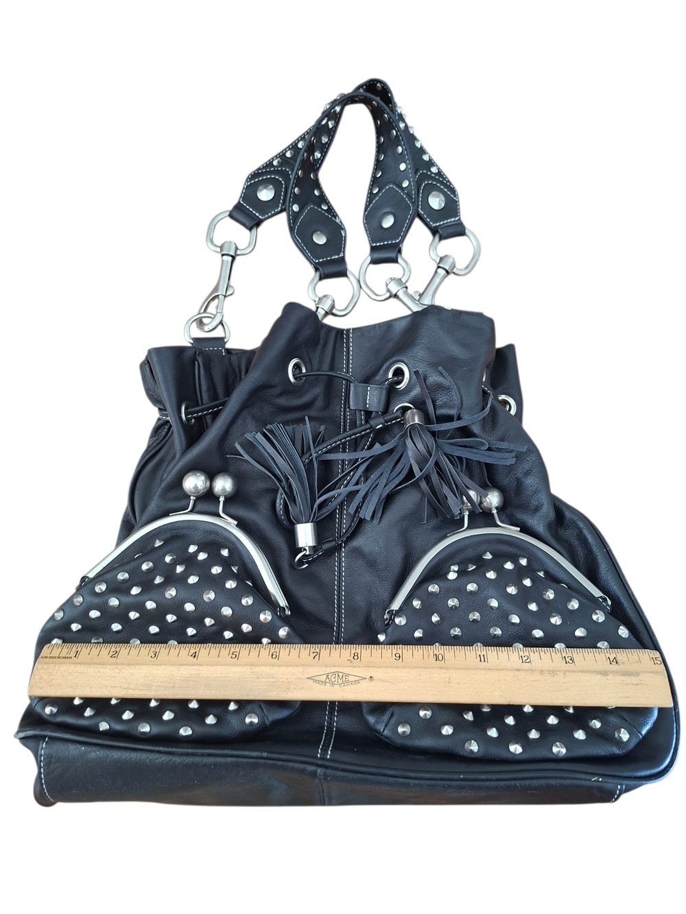 Vtg Betsey Johnson Black Leather Studded Kiss Lock Hobo Bucket Bag Y2K Rare - Picture 14 of 16